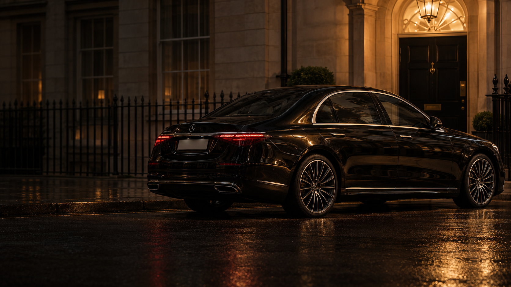 Editorial automotive photograph of the Mercedes-Benz S-Class long wheelbase (W223) in Mayfair at night